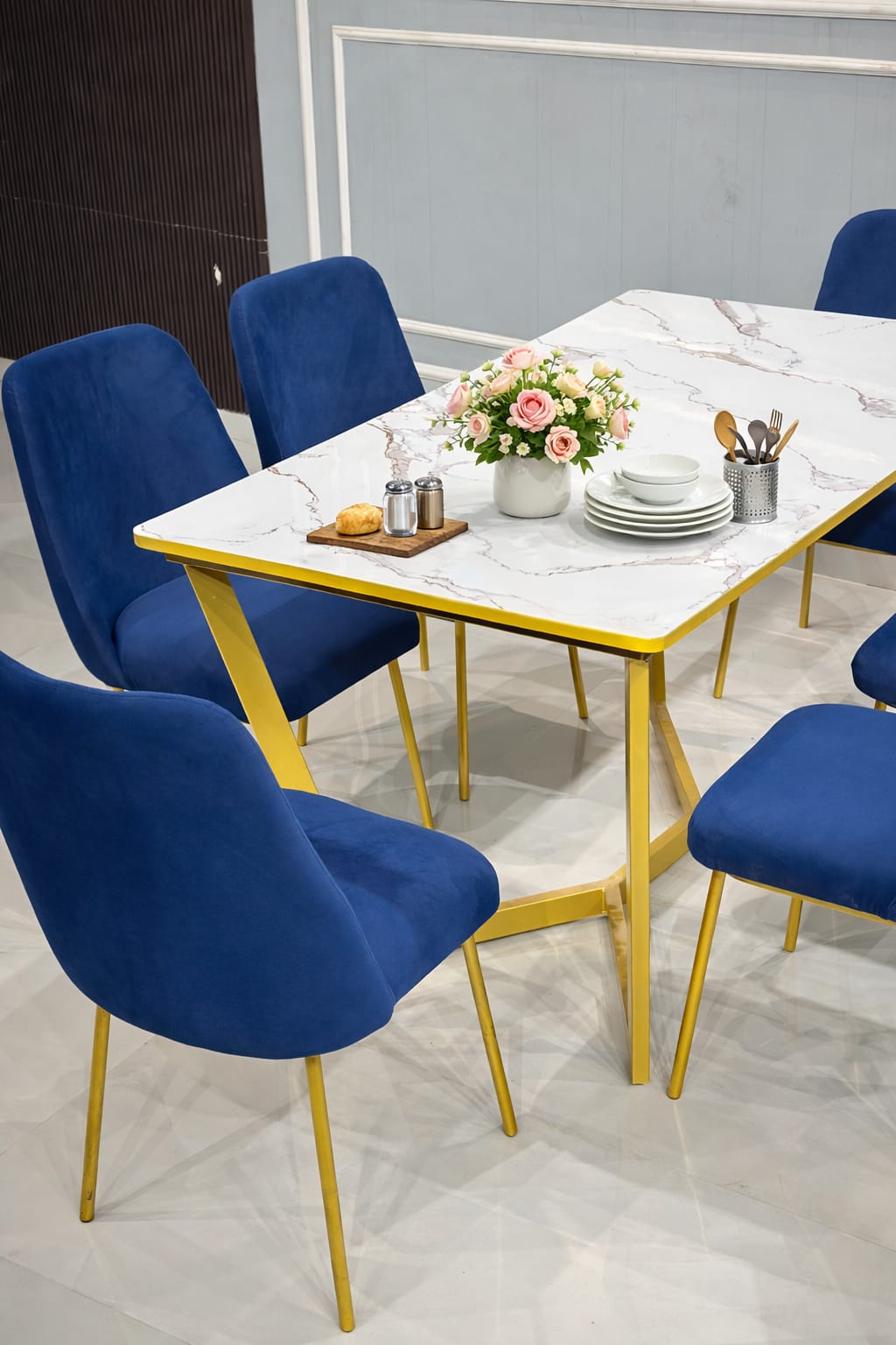 Luxury Marble-Finish Conference Table with Gold Metal Frame | Modern Office & Meeting Room Table Set