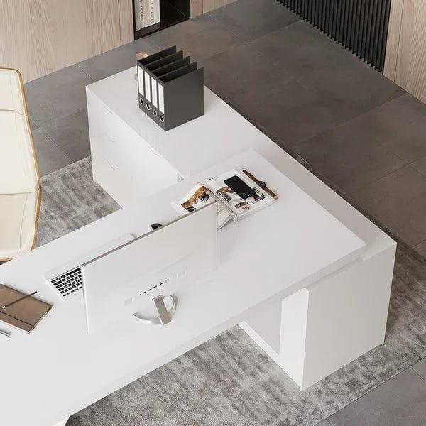 Ren White L-Shape Executive Desk Drawers & Cabinet Large Office Desk Left Hand - Ouch Cart 