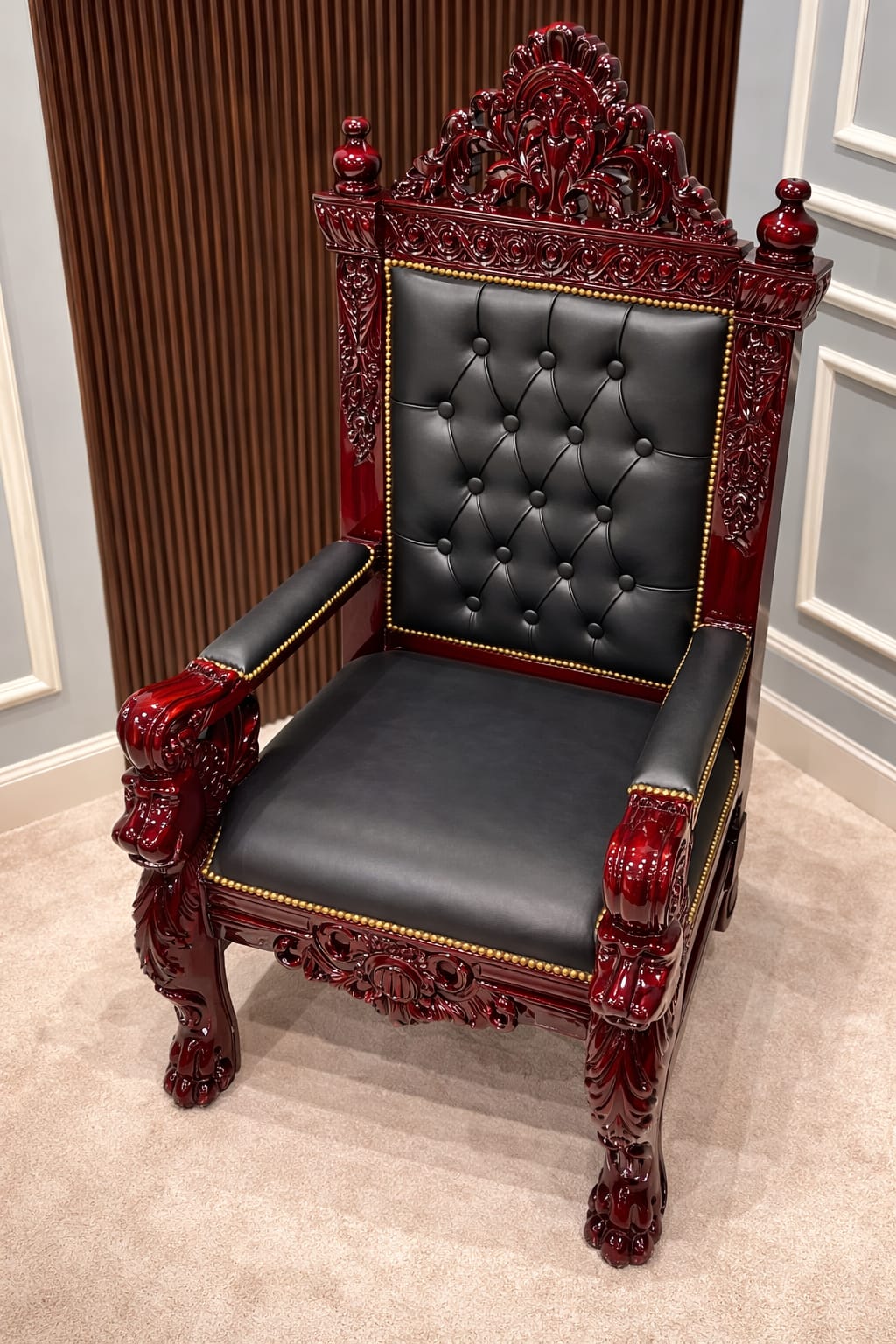 Ouch Cart Royal Carved Wooden Throne Chair – Luxury Tufted Leather Accent Armchair with Lion Head Design