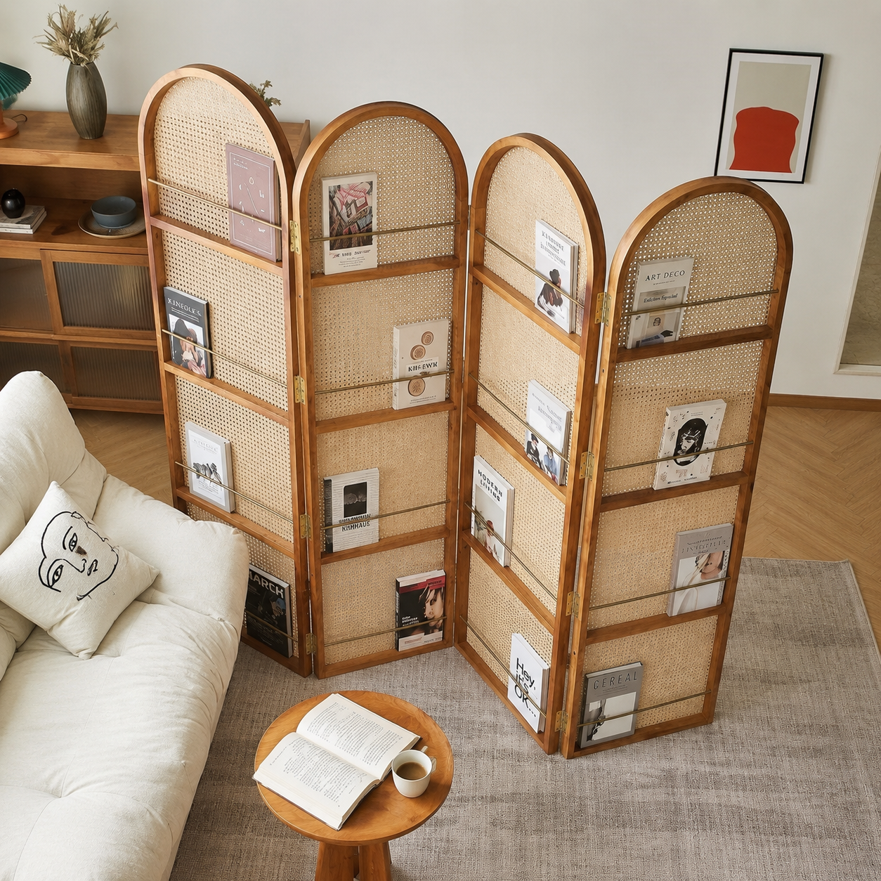 Ouch Cart 4 Panel Rattan Room Divider | Folding Woven Privacy Screen with Wooden Frame