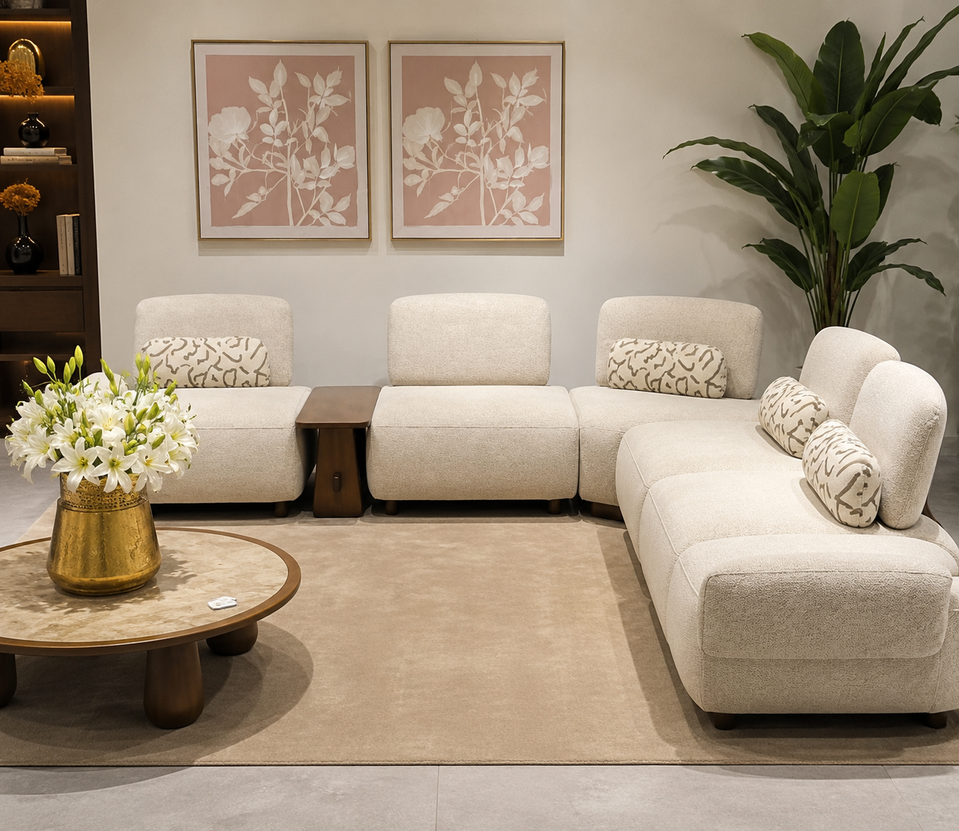 Modern Modular Bouclé Sofa Set with Wooden Side Table | Luxury Cream Fabric Living Room Sofa