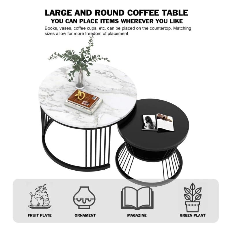 Round Modern Nesting Coffee Table Set of 2 with Marble Veneer Tops