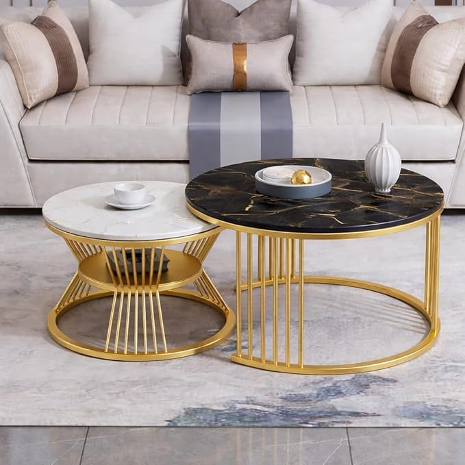 Iron Frame Faux Marbled Laminated Round Coffee Table Set of 2 Stacking Center Tables for Living Room Bedroom or Apartments (Golden White)