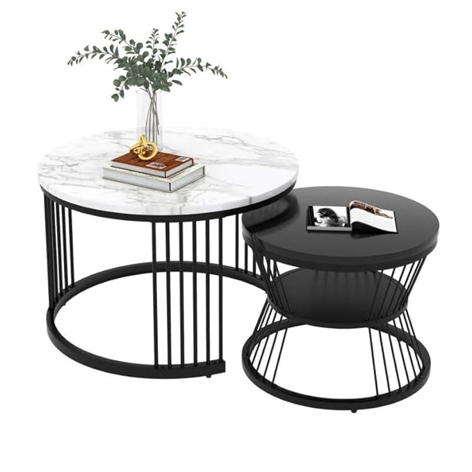 Shop Round Modern Nesting Coffee Table Set of 2 at Ouch Cart! Features marble veneer tops & sturdy metal frames—buy now at a heavy discount to elevate any space!- OUCHCART