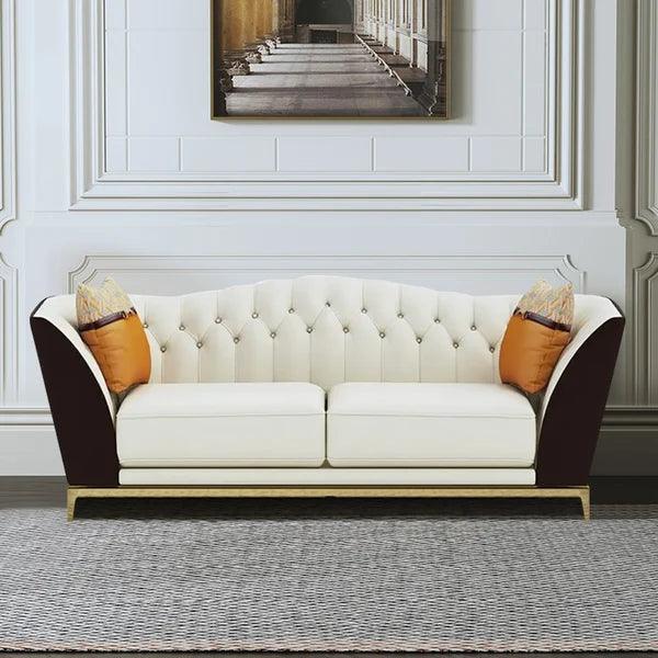 Upholstered Sofa White and Brown Mid-Century Couch Curved Tufted Back - Ouch Cart 