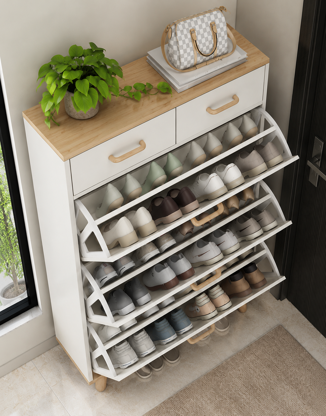 Modern Wooden Shoe Cabinet with Flip Drawers | Space-Saving Entryway Shoe Storage Organizer | Ouch Cart