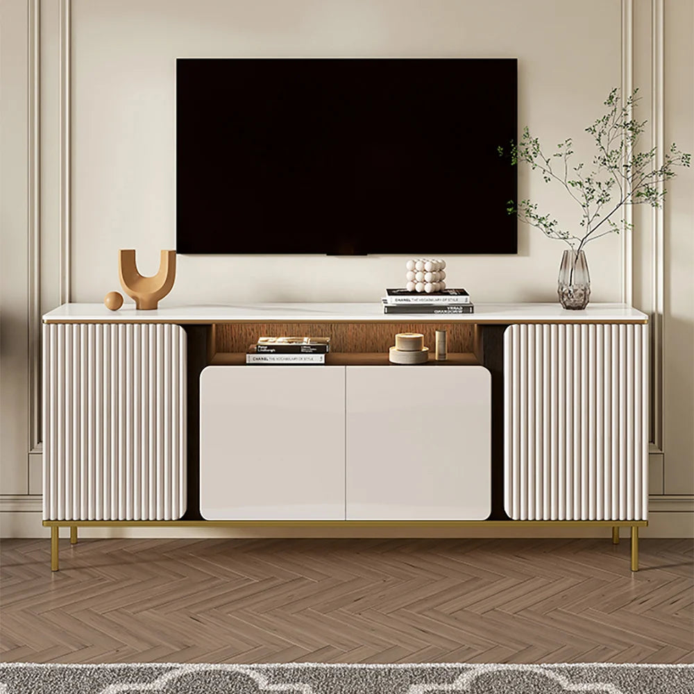 Modern Fluted TV Unit with Storage Cabinet & Shelves