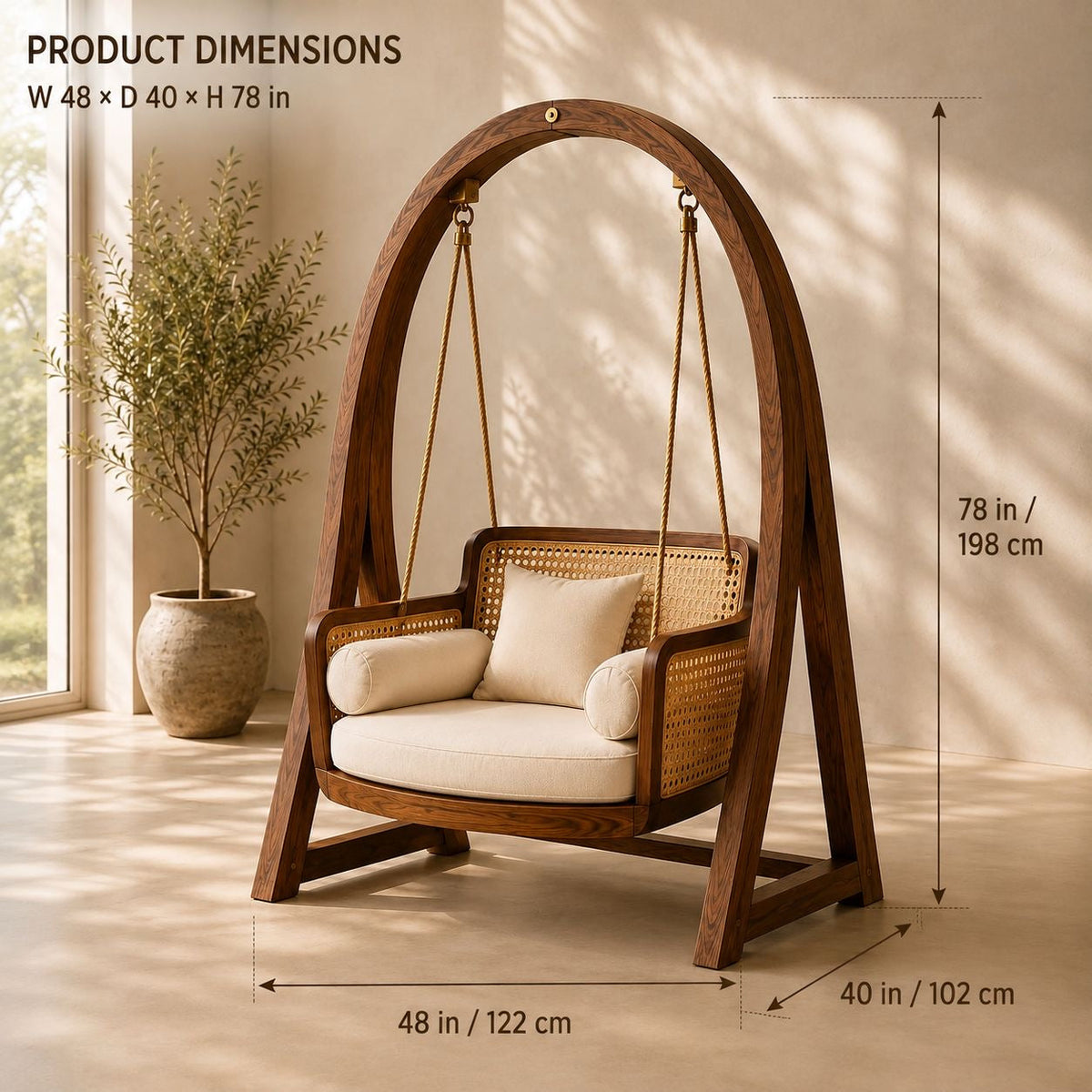 Wooden Hanging Swing Chair with Cushions – Stylish Indoor & Outdoor Lounge Swing OUCH CART