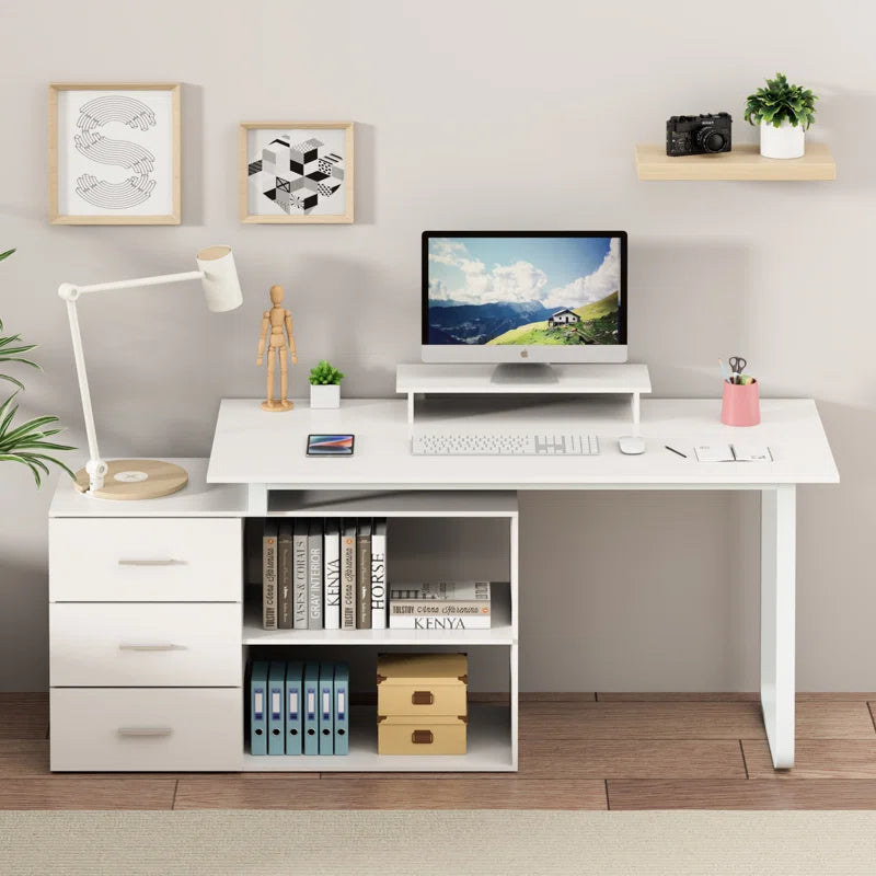 L-Shaped Desk with Computer Monitor Riser Stand