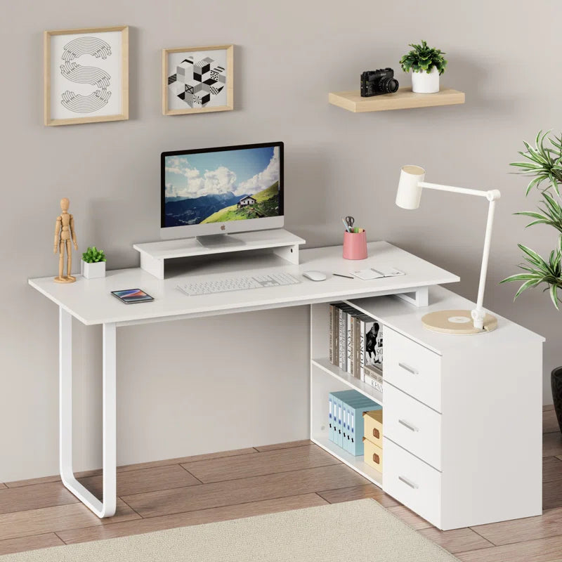 L-Shaped Desk with Computer Monitor Riser Stand