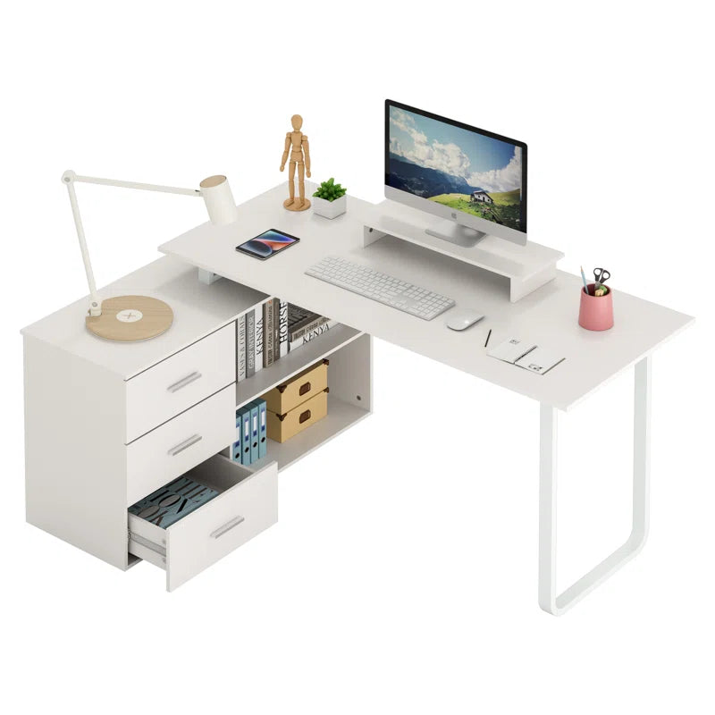L-Shaped Desk with Computer Monitor Riser Stand