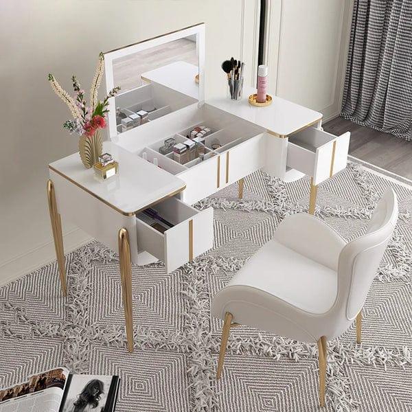 Juan White Makeup Vanity Expandable Dressing Table with Cabinet with Chair, Vanity Table Set with Mirror, Medium Density Fiberboard Modern Makeup Vanity Dressing Desk with 2 Drawers and One Shelves - Ouch Cart 