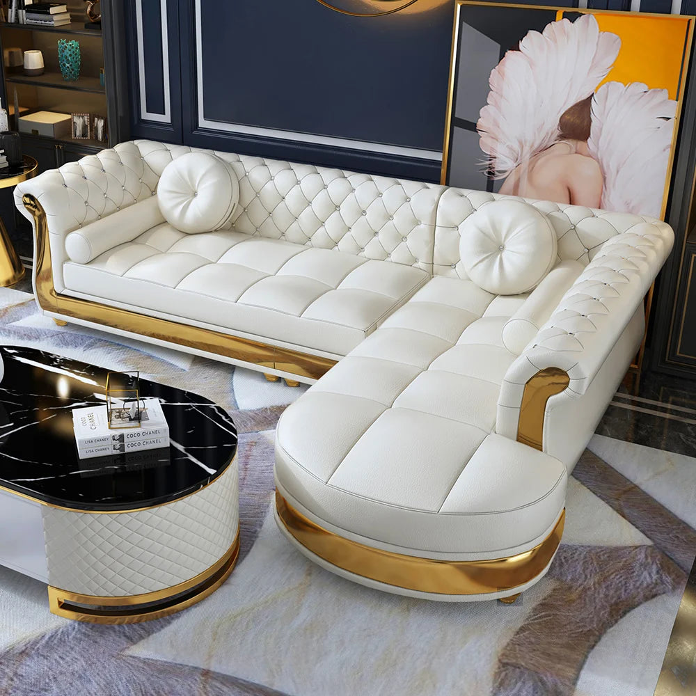 Luxury White L-Shaped Chesterfield Leather Sofa Set with Gold Accents