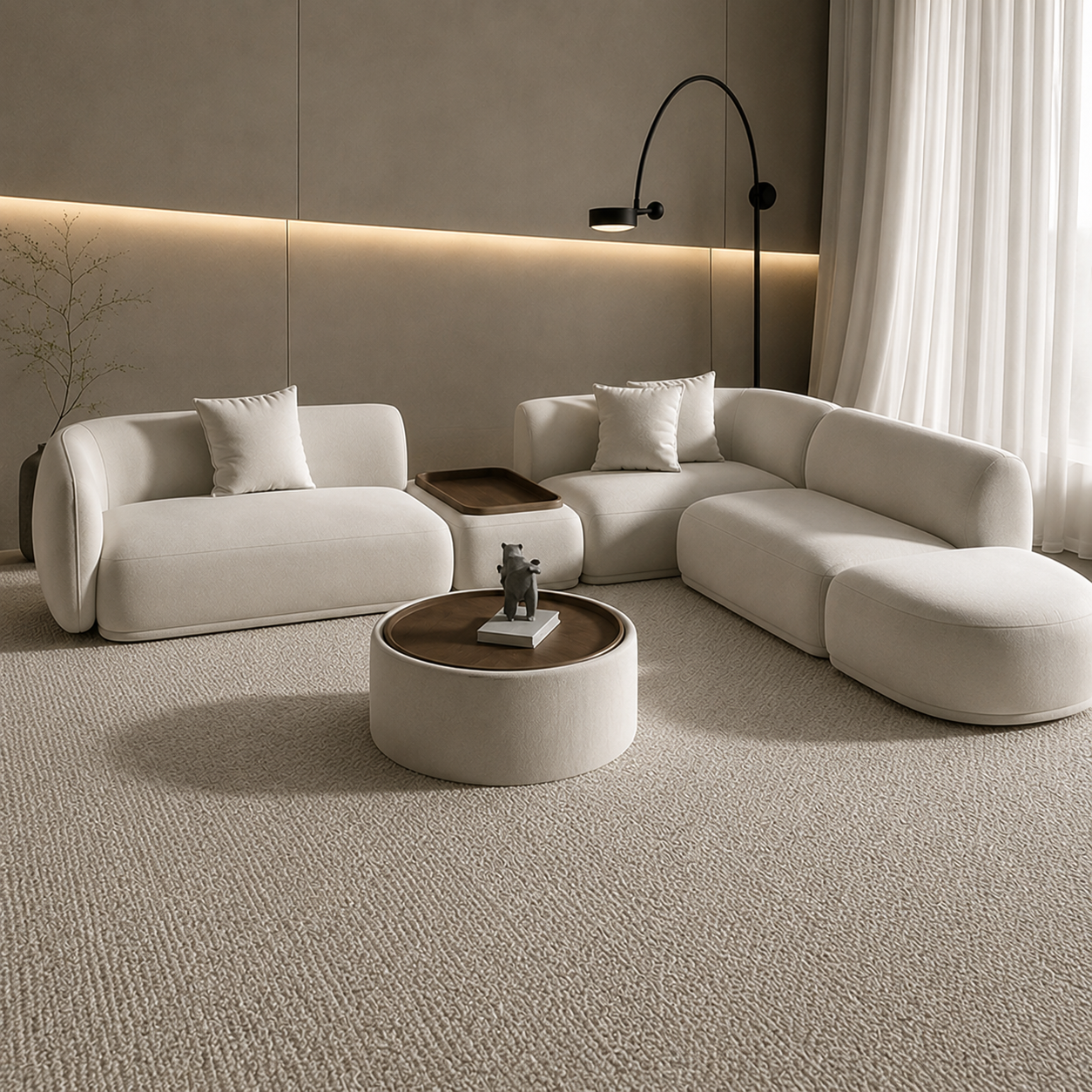 Ouch Cart Modern Curved Modular Sectional Sofa with Wooden Side Tray | Luxury Bouclé Upholstered L-Shaped Sofa Set for Living Room | Minimalist Contemporary Couch, Cream White