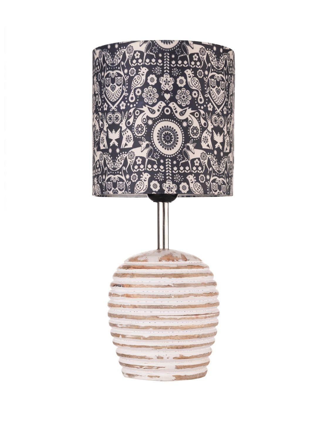 Stripped Distress White Lamp with Indian Art multicolor shade - Ouch Cart 