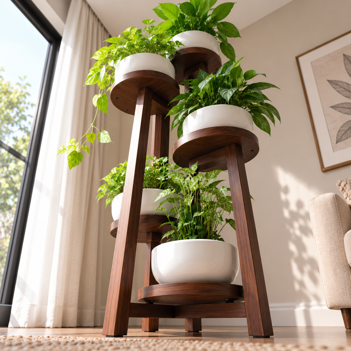 5 Tier Wooden Plant Stand for Indoor Plants | Solid Wood Multi-Level Plant Holder