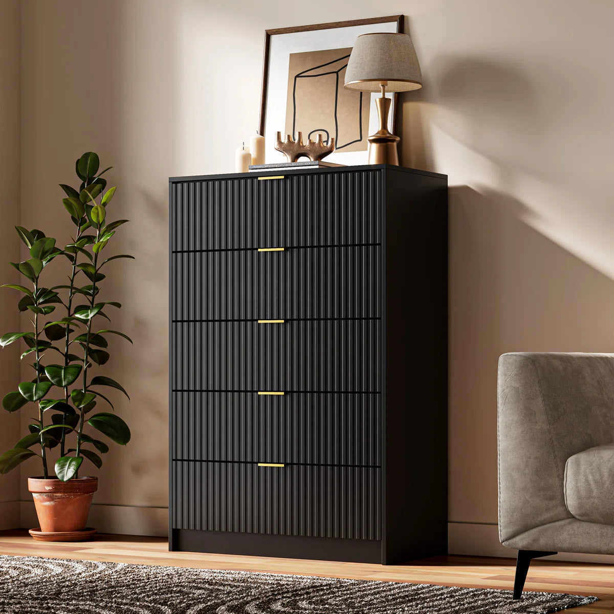 Modern Fluted 5-Drawer Dresser, Tall Chest with Gold Handles & Anti-Tip Safety