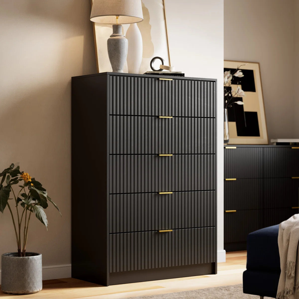 Modern Fluted 5-Drawer Dresser, Tall Chest with Gold Handles & Anti-Tip Safety