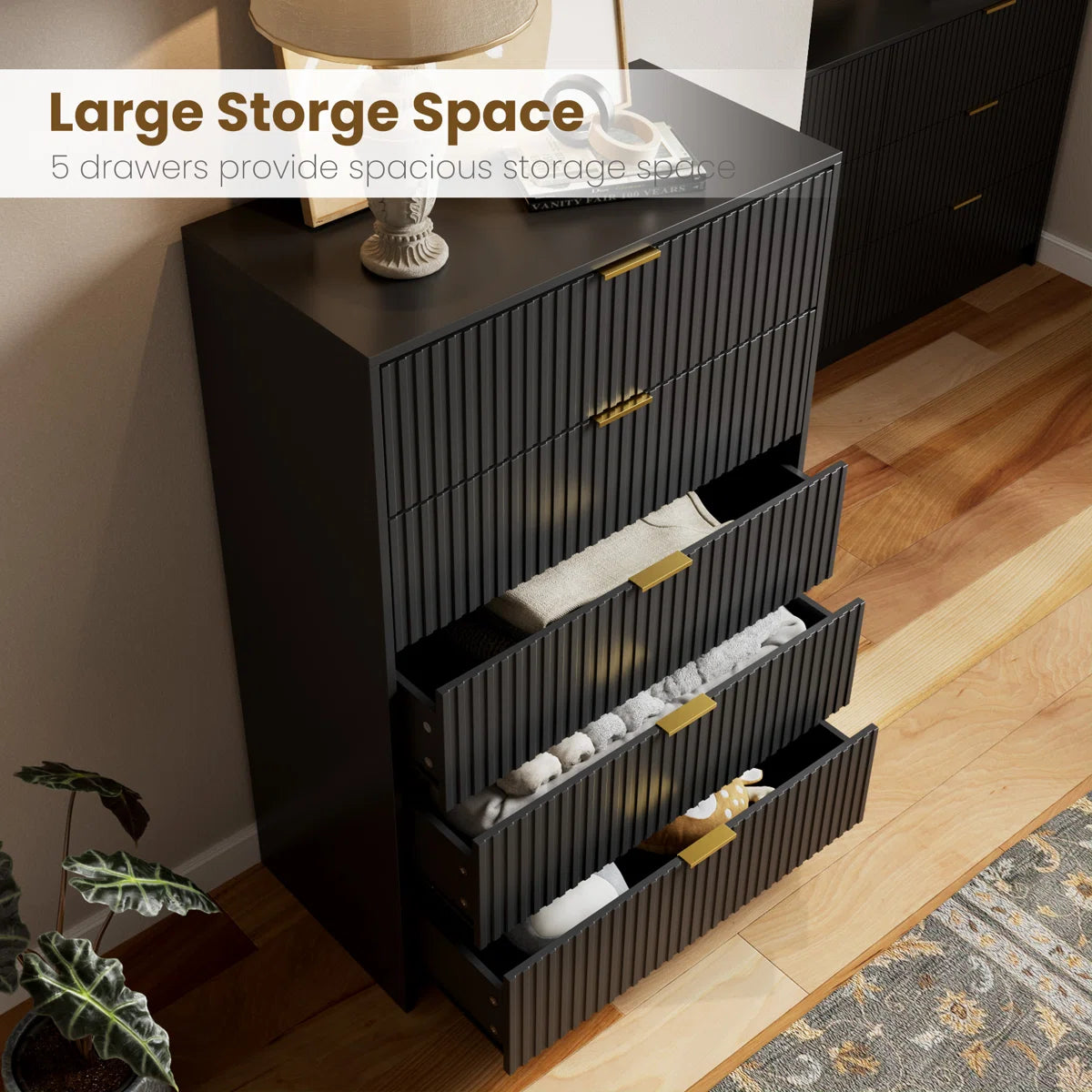 Modern Fluted 5-Drawer Dresser, Tall Chest with Gold Handles & Anti-Tip Safety