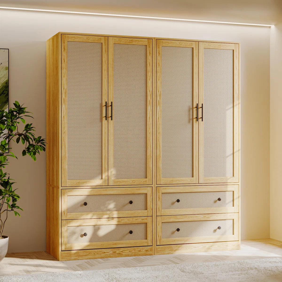62.8" Wide 4-Rattan Door Wardrobe Closet Set With 4 Drawers & Anti-Tip Design