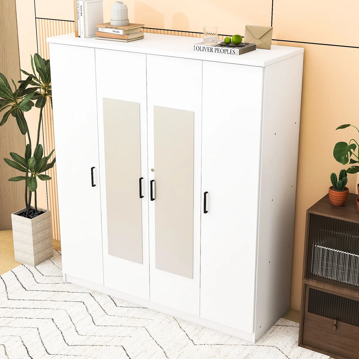 Contemporary Wooden Freestanding Wardrobe with Built-in Mirrors and Lockable Drawer