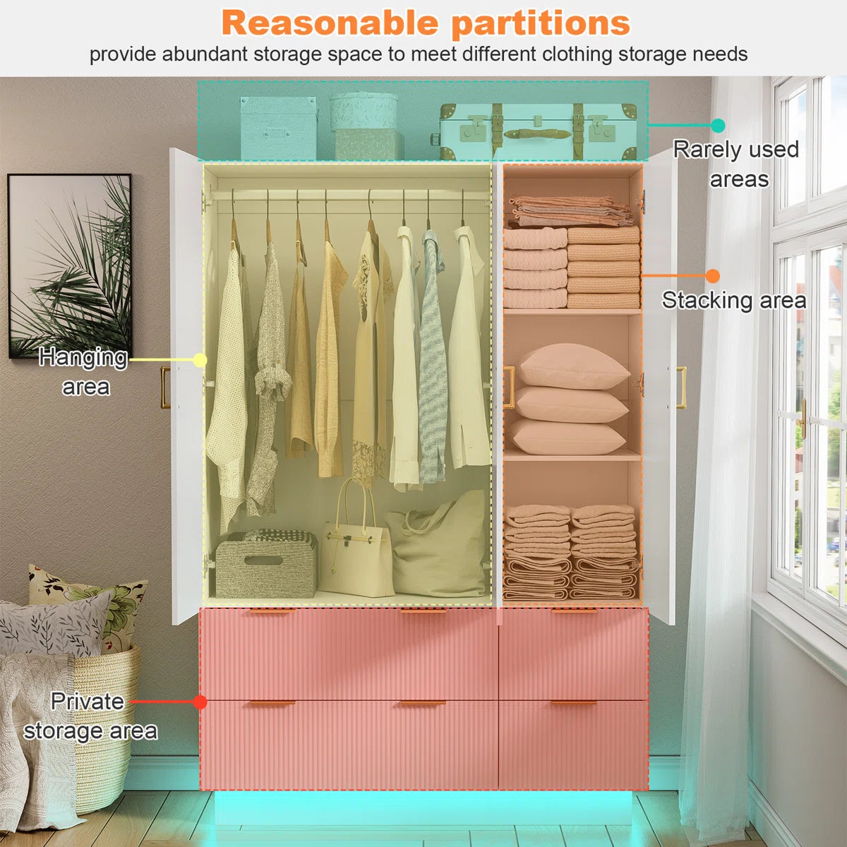 Armoire Wardrobe Closet With 3 Door, Mirror And Led Lights