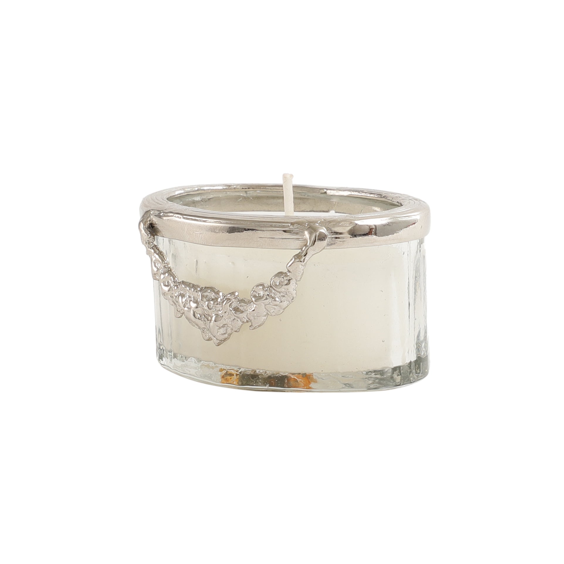 snowy whisper white scented candle jar with silver Ring