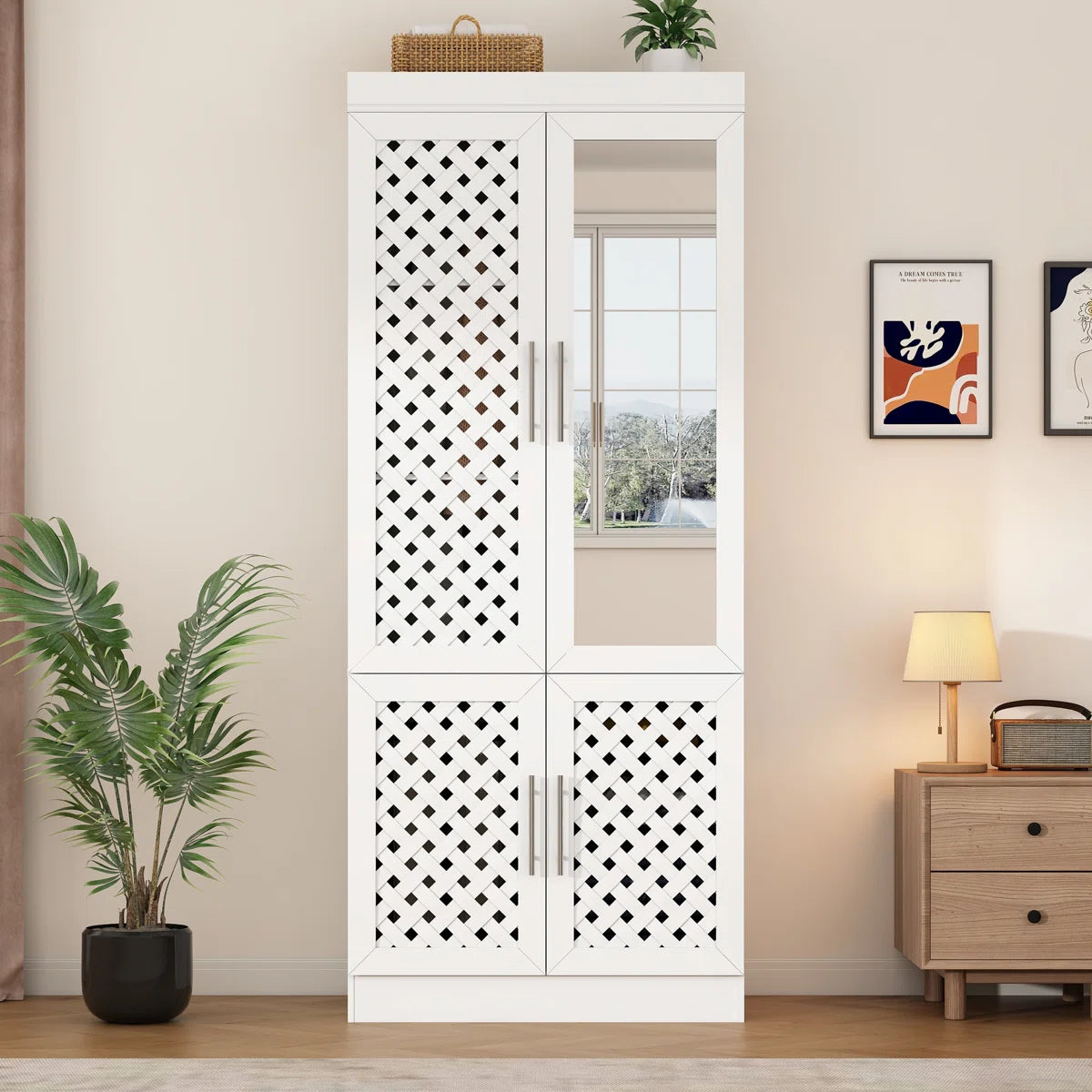 75.6''H Armoire Wardrobe Closet With Sensor Light,  Mirror, 3 Woven Doors, And Hanging Rod
