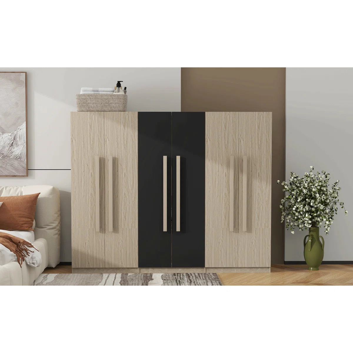 Wooden 6-Door Wardrobe Closet with 4 Drawers, Bedroom Storage Cabinet Armoire with Hanging Rods and Shelves, Clothes Organizer for Home,Black+Nature