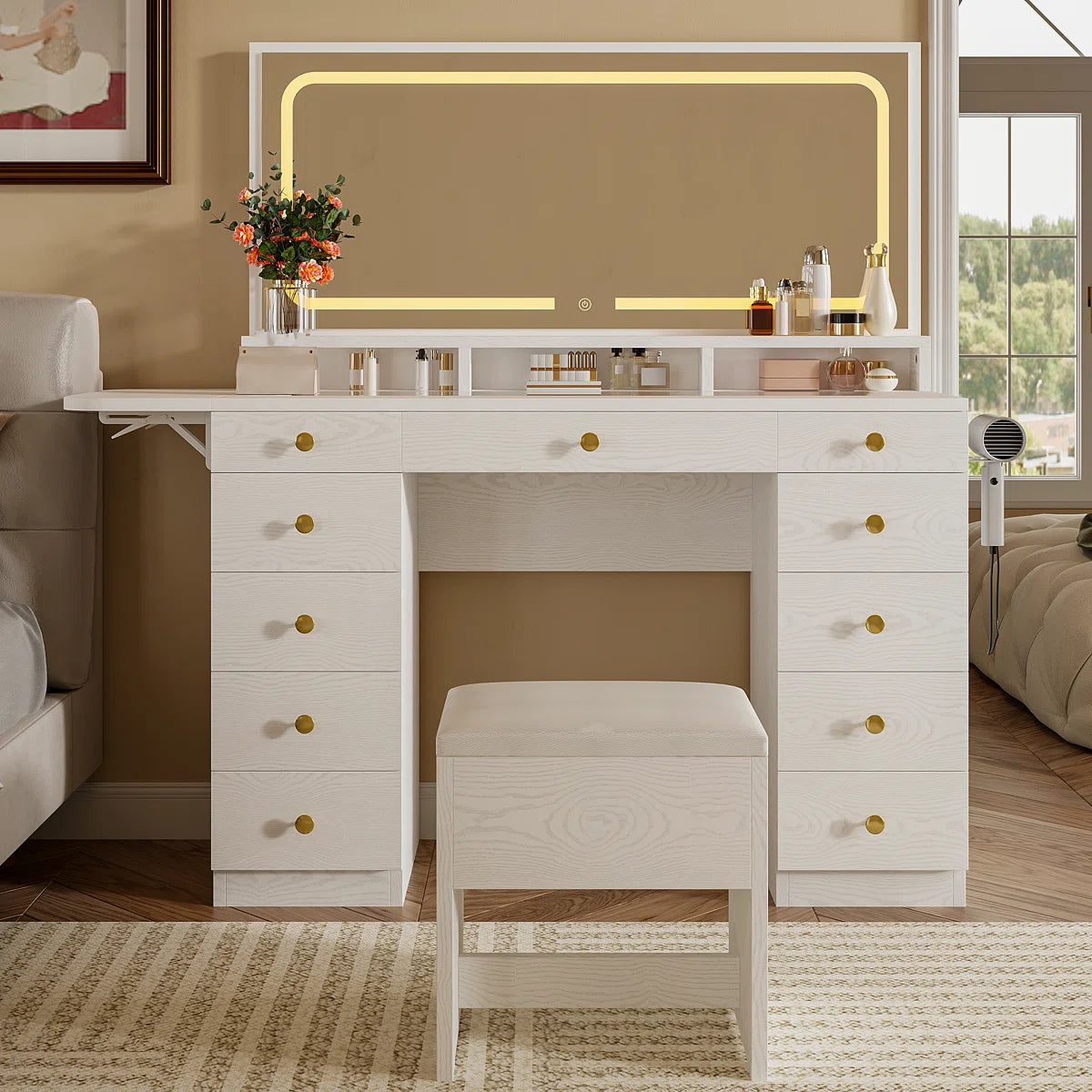 46’’ Makeup Vanity Set with LED Lights, Mirror, Power Outlet, 11 Drawers, and Matching Stool