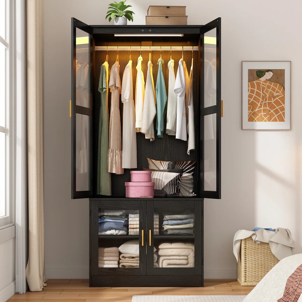 4-Door 71" H Armoire With LED Sensor Light And Hanging Rod