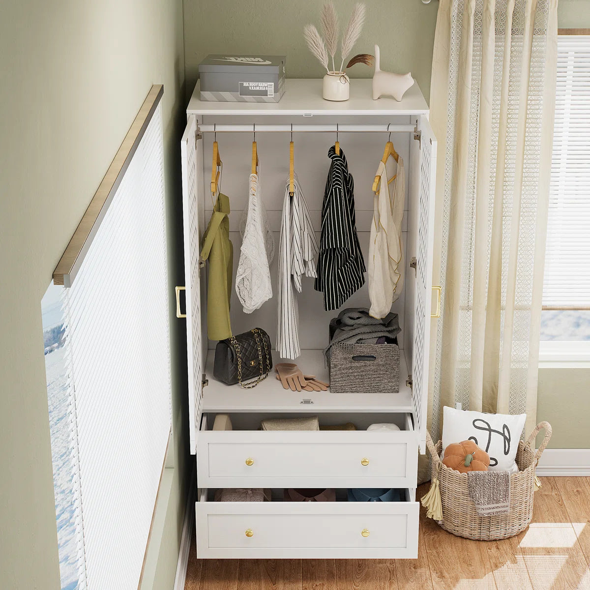 Ayara Armoire Wardrobe Closet with 2 Woven Doors, 2 Wide Drawers & Hanging Rod