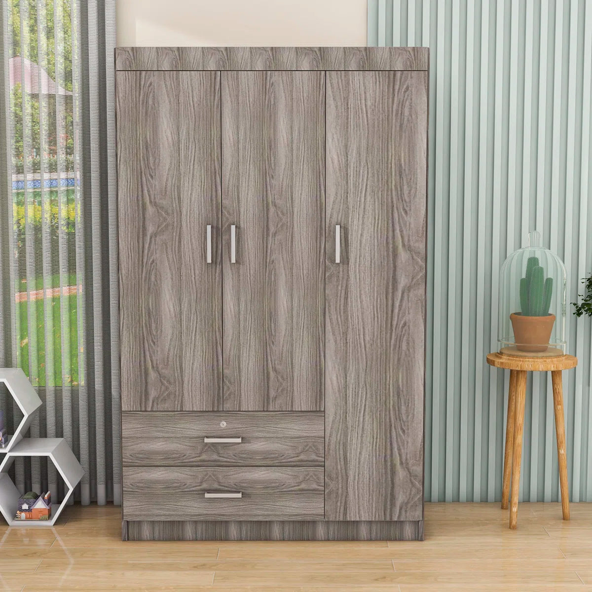 Carene Wood 2 Drawers 3-Doors Wardrobe with Shelves