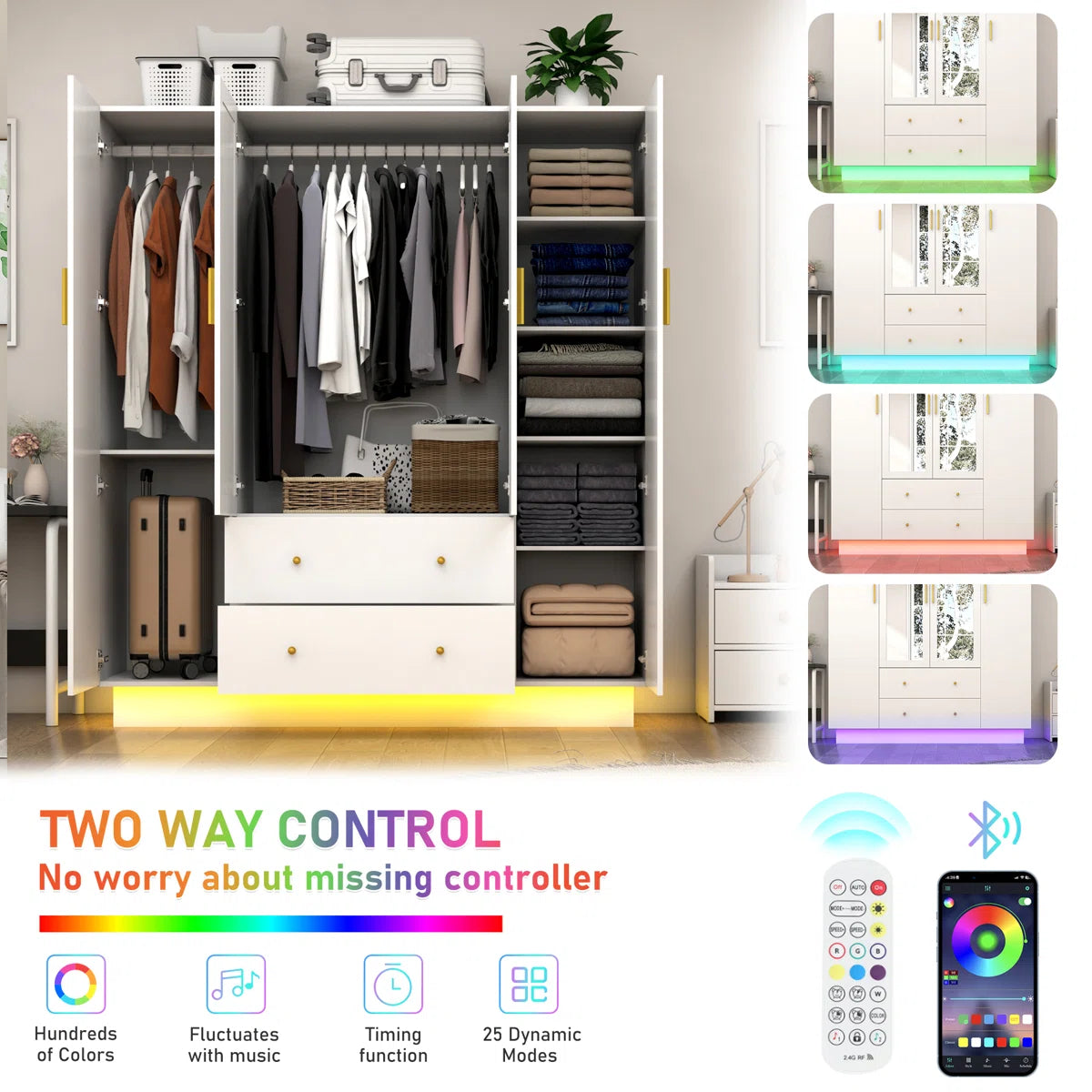 Armoire Wardrobe Closet With Mirror & Led Light, 4 Door Wooden Storage Cabinet With Drawers, Spacious Armoire With Hanging Rod & Adjustable Shelves