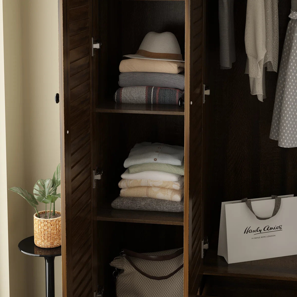 Ardit 59" Wide White Wardrobe with Louvered Doors and 5 Drawers, Freestanding Armoire Closet with Hanging Rods and Shelves
