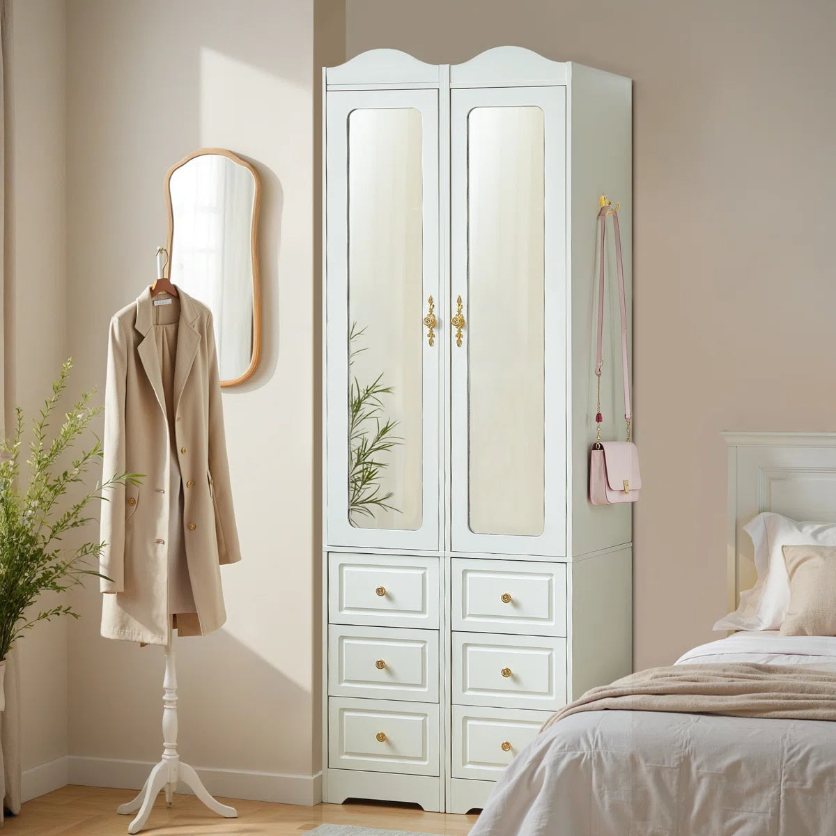Armoire Wardrobe Closet & Wardrobe Cabinet With 6 Drawers And 2 Mirrors & With Hanging Rod & Sensor Lights