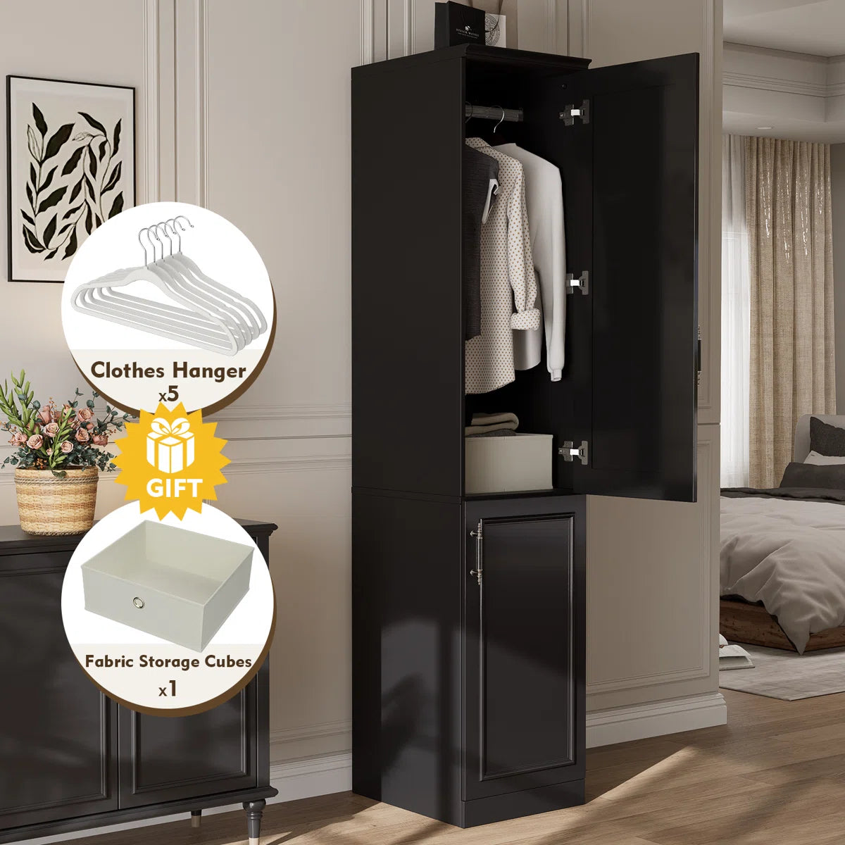 Armoire Wardrobe Closet With 2 Door & Shelves, 74.8" Large Wardrobe Cabinet With Hanging Rod, Freestanding Modern Bedroom Armoire Storage Cabinet, White
