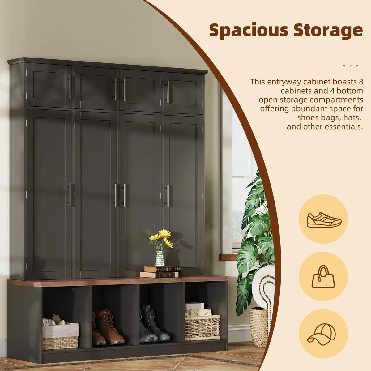Farmhouse Hall Tree Wardrobe Closet & Cabinet - Functional Clothes Storage With 4 Hidden Hanging Hooks,White
