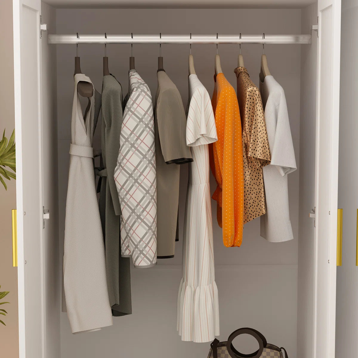 Modern White Wardrobe Closet With Top Cabinets And Drawers, Freestanding Armoire With Hanging Rods & Storage Shelves, Gold Handles