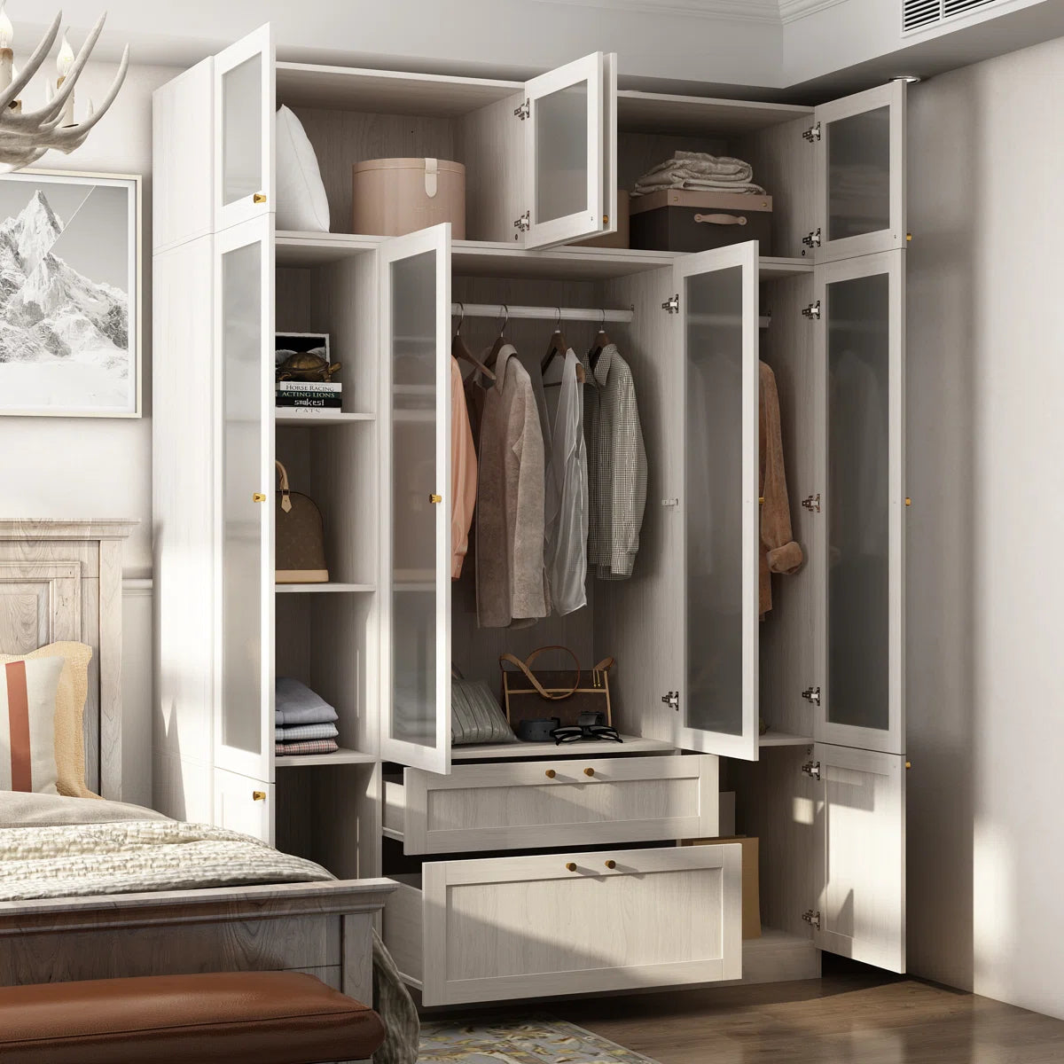 Elegant 4-Door Wardrobe With Frosted Glass Panels, Brass Handles, And Ample Storage Space – Adjustable Shelves And Large Drawers For Modern Organization