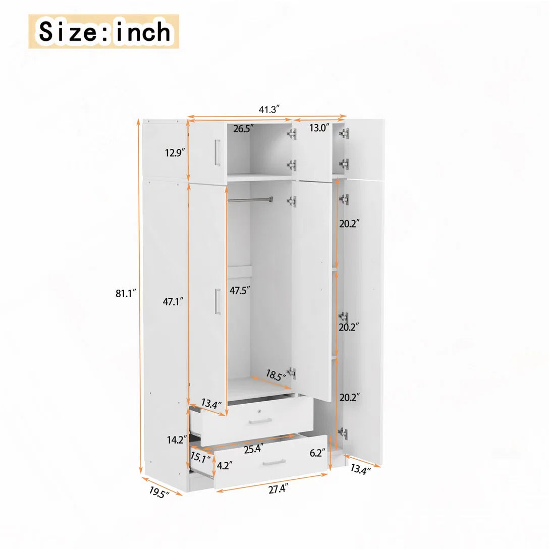 Izzat Wood Freestanding Wardrobe with Built-In Mirror, 2 Drawers and Top Cabinet