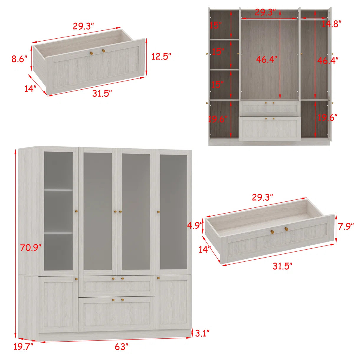 Sebi 6-Door 2-Drawer Armoire With Hanging Area & Storage Compartments
