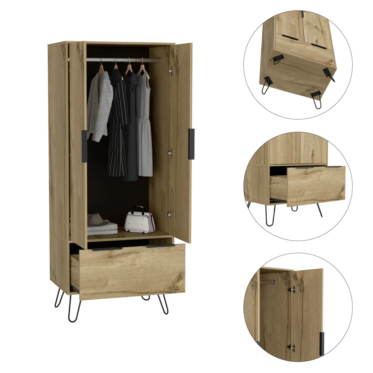 Light Oak Wooden Wardrobe With 2-Doors And 1-Drawer