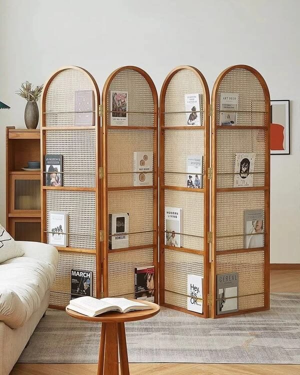 Ouch Cart 4 Panel Rattan Room Divider | Folding Woven Privacy Screen with Wooden Frame