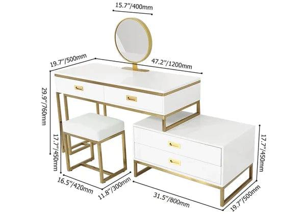 Jose White Makeup Vanity Expandable Dressing Table with Cabinet Mirror & Stool Included Vanity Desk with Mirror and Stool, Makeup Vanity Desk Dressing Table with 4 Drawers, Storage, Side Chest, Girls Vanity Table Set with Cushioned Stool for Bedroom - Ouch Cart 