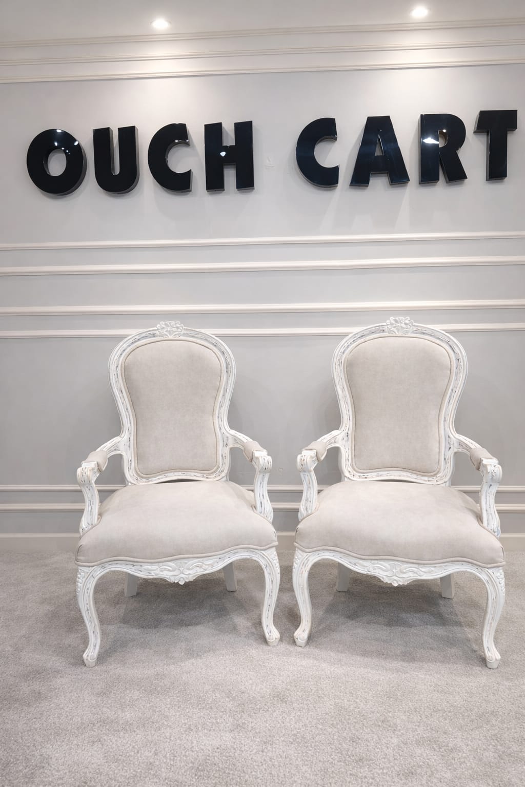Ouch Cart Elegant French Style Upholstered Accent Chair – Vintage White Carved Wood Armchair for Living Room & Bedroom