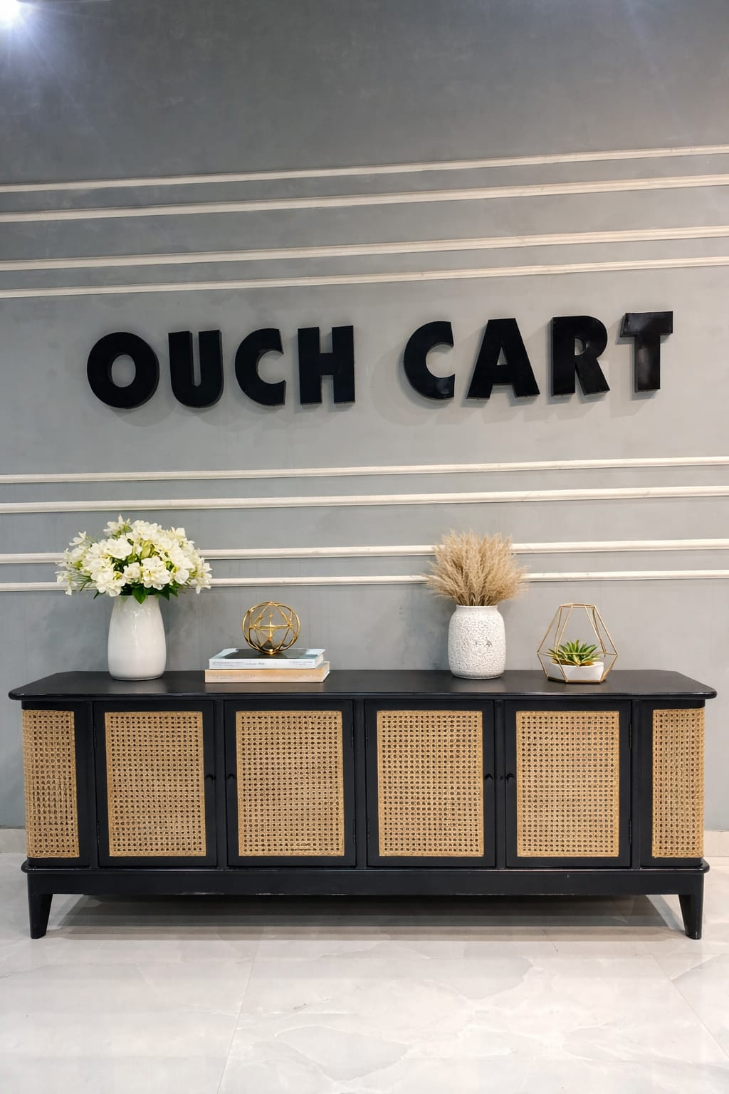 Chic Teak Wood & Rattan Black Sideboard – Stylish Storage Piece