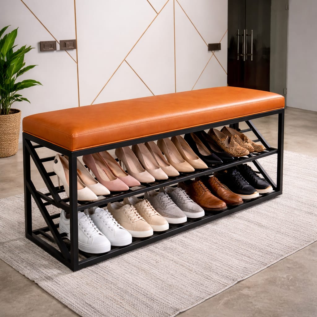 Shoe Rack Bench with Cushion – 2-Tier Storage Organizer Seat for Entryway, Bedroom & Living Room