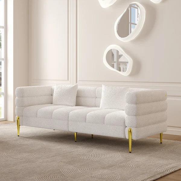 White Boucle Upholstered Fluted 3 Seater Sofa - Ouch Cart 