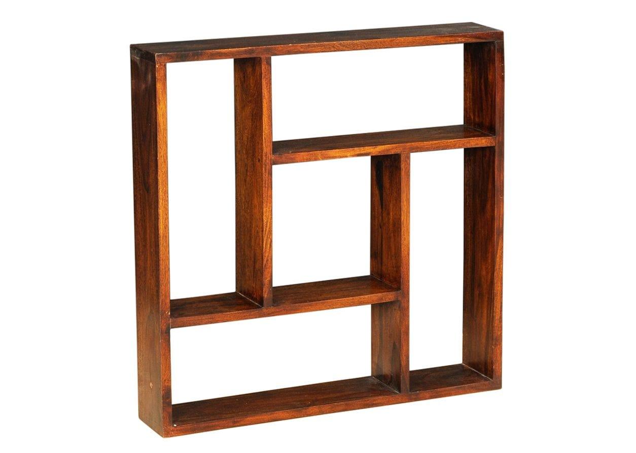 Sheesham Wood Square Storage Wallshelf In Honey Finish - Ouch Cart 